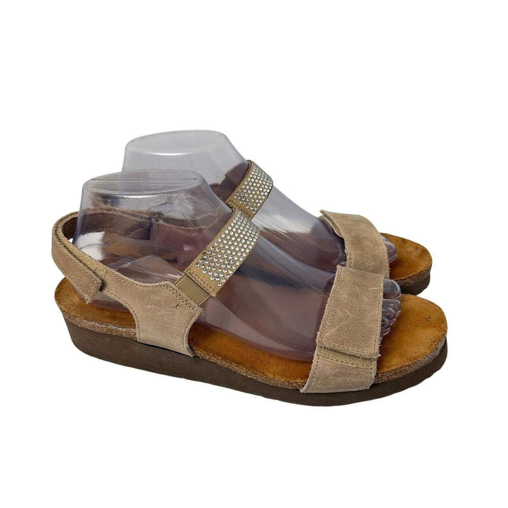 Naot Sandals Womens Size 9 Lisa Rhinestones Khaki Beige Leather Comfort Cork